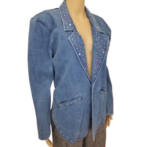 VINTAGE TUXEDO JEAN JACKET by Explosive Crystal Adorned Collar Size Large - Picture 7 of 10